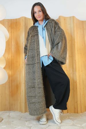 Holland Shaggy Longline Duster Jacket Earth